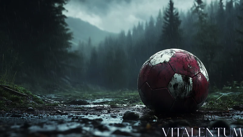 Weathered red football on muddy forest trail in rain.