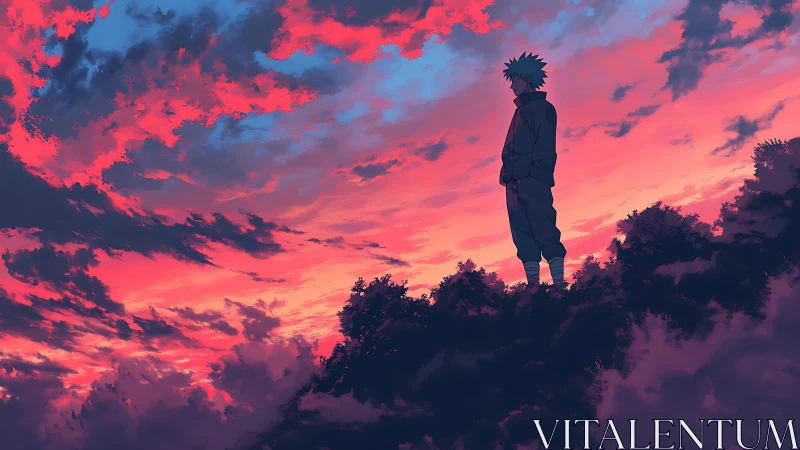 Solitary anime figure contemplates under blazing sunset sky.