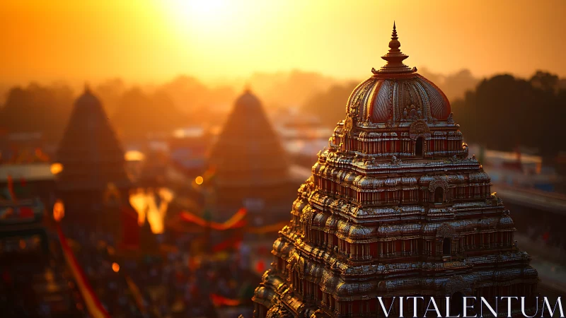 Photorealistic sunset over ornate temple towers in bokeh field.