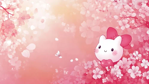 Pink cat character among soft cherry blossoms.