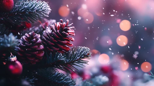 Snow dusted red pine cones on glowing Christmas tree.