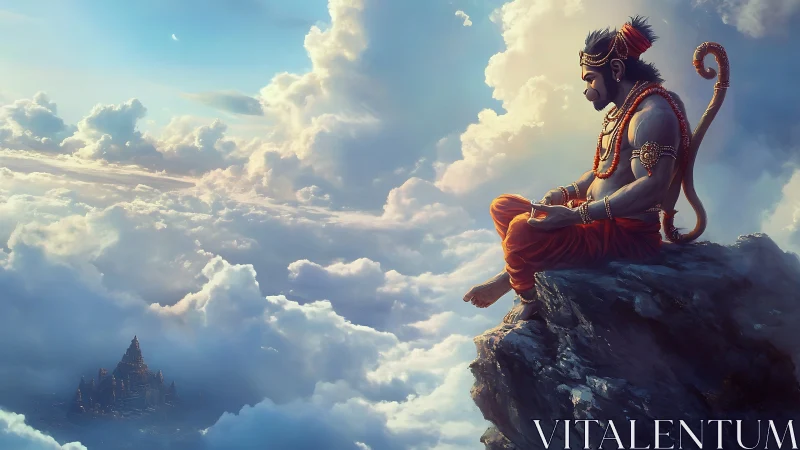 Divine simian figure meditating above a cloud‑shrouded citadel
