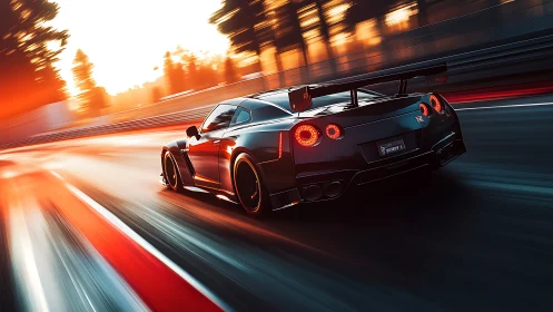 Roaring track racer glides through glowing sunset speedway