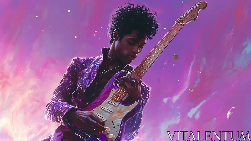 Digital painting of electric guitarist in neon vaporwave haze.