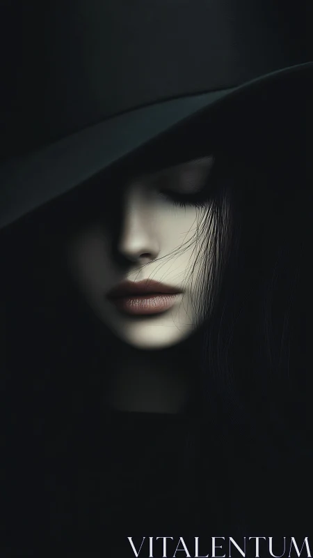 Female portrait in shadow with wide black hat and hair.
