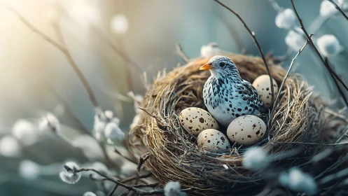 Speckled songbird in woven nest with four speckled eggs.