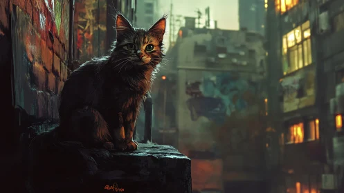 Solitary Felid Subject Positioned on Urban Architectural Element with Atmospheric Volumetric Lightin