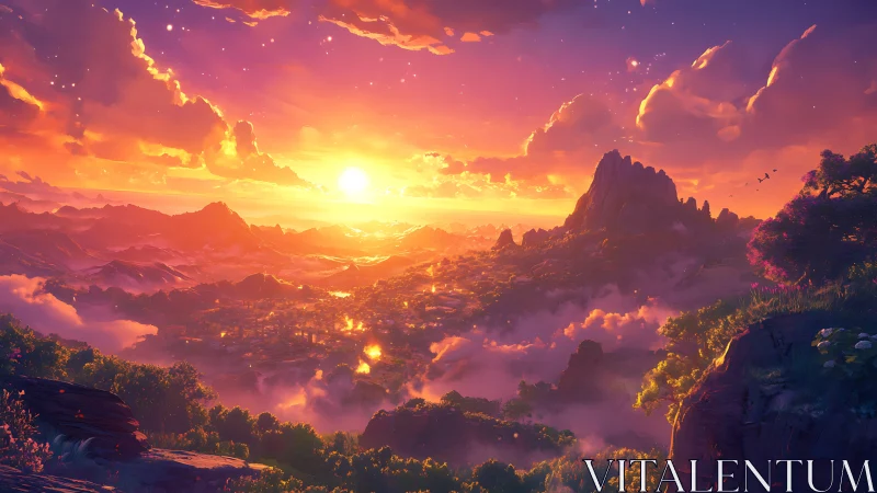 Radiant fantasy valley glows under a dreamy sunrise sky