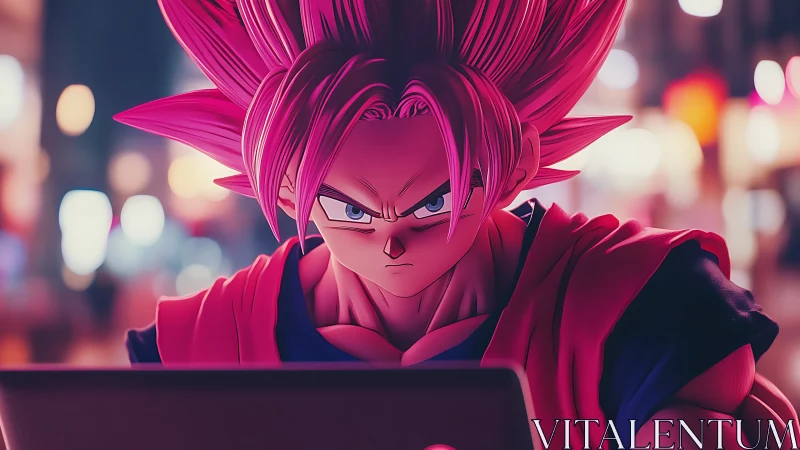 Pink haired anime warrior focused on laptop at night.