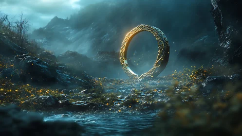 Golden portal ring glows softly in a misty mountain pass