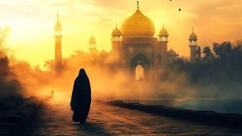 Veiled figure crossing misted path to golden sunrise shrine.