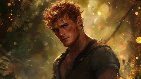 Battle-worn golden-haired hero in ember-lit forest haze.
