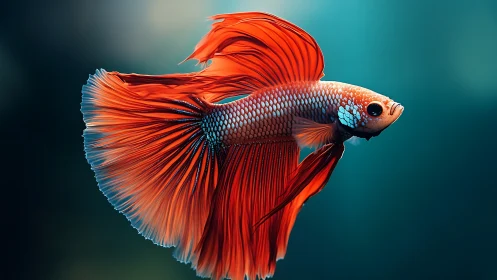 Vivid red betta fish glides through teal underwater space