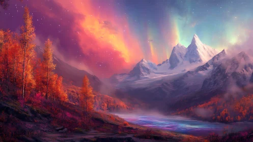 Aurora-lit alpine peaks above iridescent autumn valley lake.