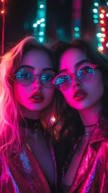 Neon lit portrait of two women in reflective jackets.