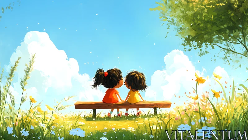 Digital Illustration: Two Children on Wooden Bench in Spring Meadow