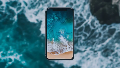 Smartphone with ocean wallpaper centered over sea water.