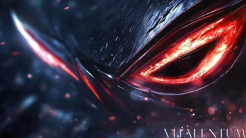 Cybernetic red eyes burn through swirling neon darkness.