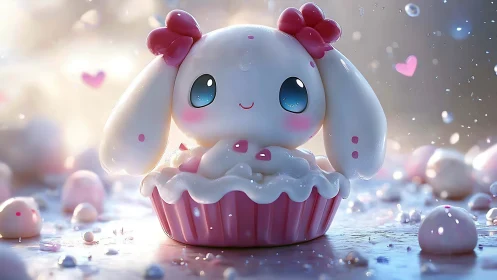 Three-dimensional render of anthropomorphic rabbit character in cupcake vessel
