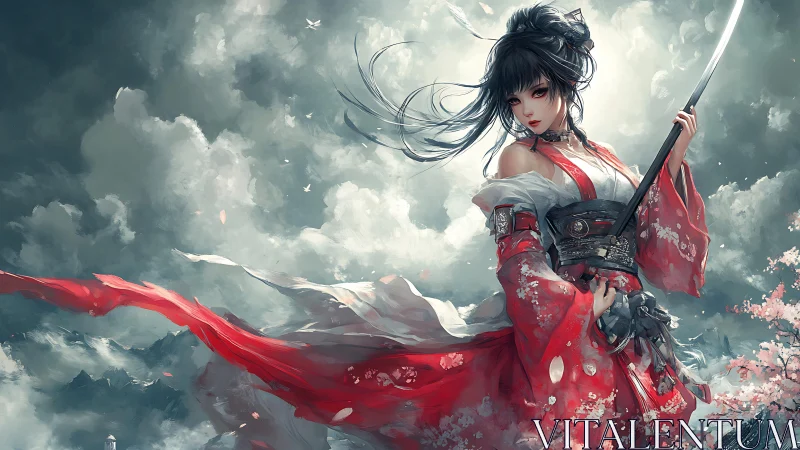 Stormlit warrior maiden in crimson kimono with katana poised.