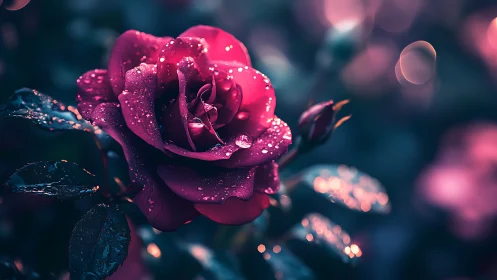 Magenta Rose with Dew Drops at Night.