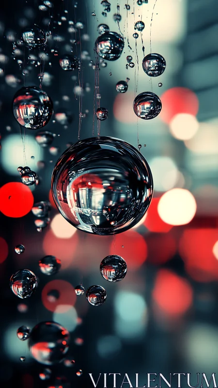 Glistening glass spheres drift softly through blurred city lights