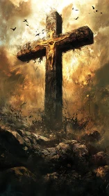 Crucifix on rocky hill under turbulent, clouded sky.