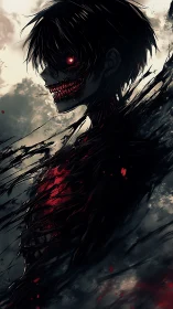 Anime horror portrait with fragmented dark anatomical structure.