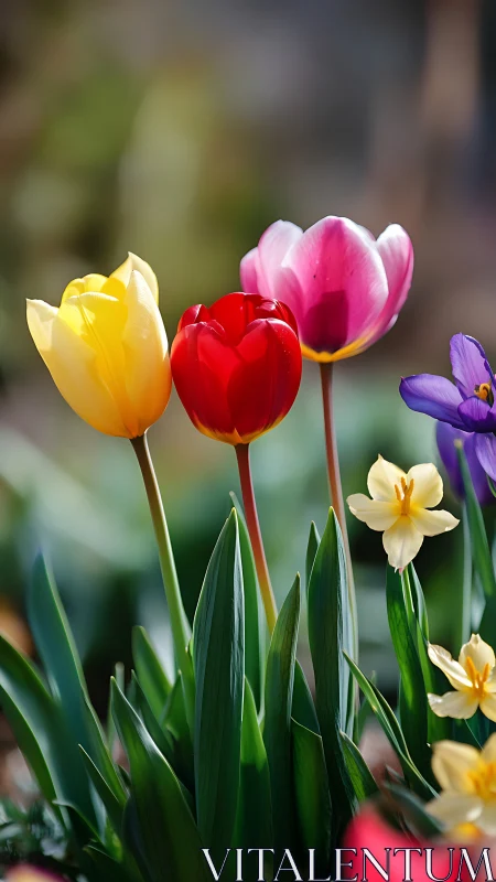 Spring Flowering Garden Display Showcasing Colorful Tulips and Daffodils