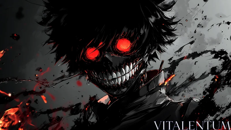 Demonic grin ignites the void in feral crimson midnight blaze.