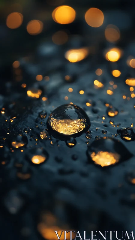 Water droplet on dark surface reflects warm defocused lights