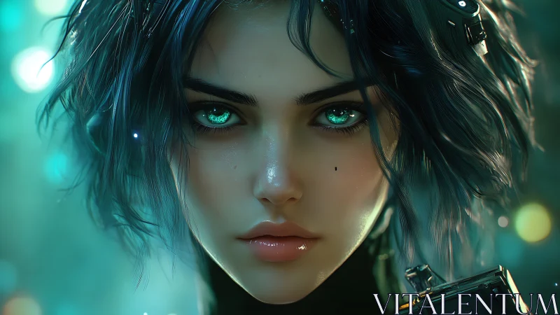 Close portrait depicts cybernetic woman with teal lighting