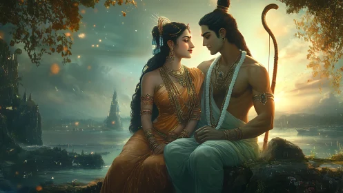 Tender riverside moment between royal lovers at sunset.