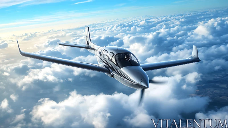 Streamlined low-wing propeller aircraft cruises above stratocumulus