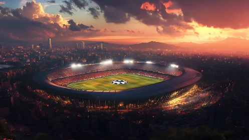 Sunset stadium halo swirling above a roaring cityscape.