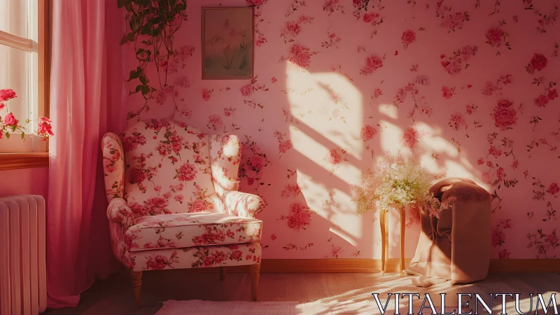 Sunlit floral armchair in monochrome pink romantic interior