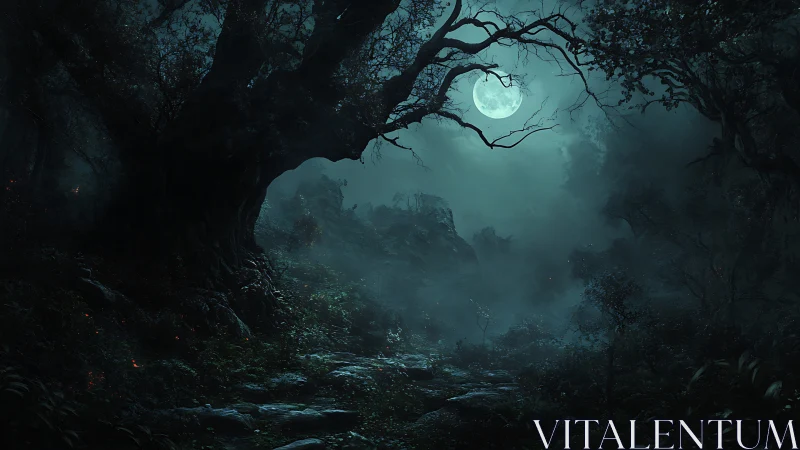 Moonlit forest path wrapped in misty midnight secrets.