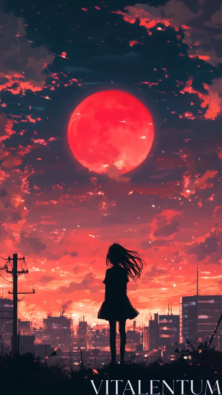 Silhouetted girl beneath crimson moon over neon city twilight.