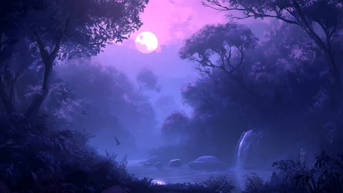 Moonlit forest river under soft purple twilight glow.