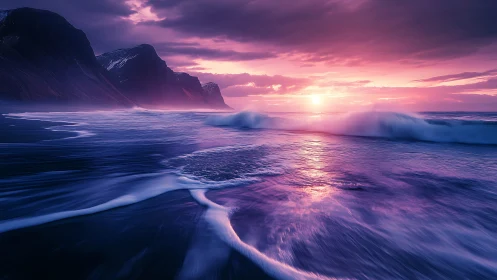 Violet storm waves surge under glowing coastal sunset.
