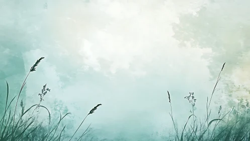 Minimal grass silhouette against misty teal sky backdrop.