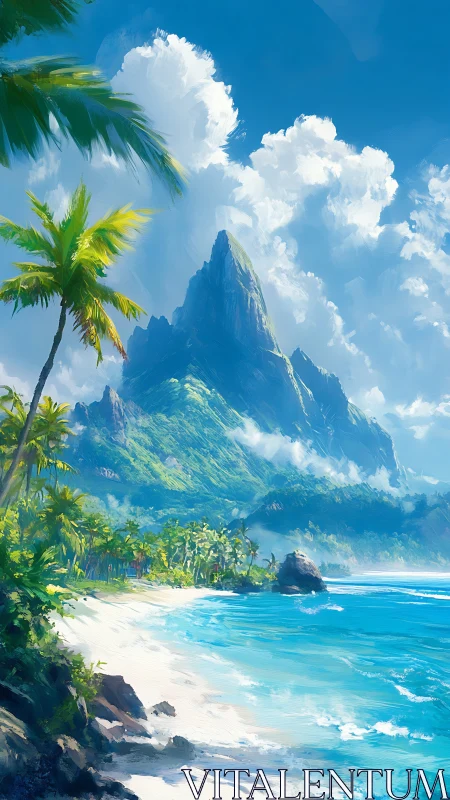 Tropical mountain island beach landscape with palm trees