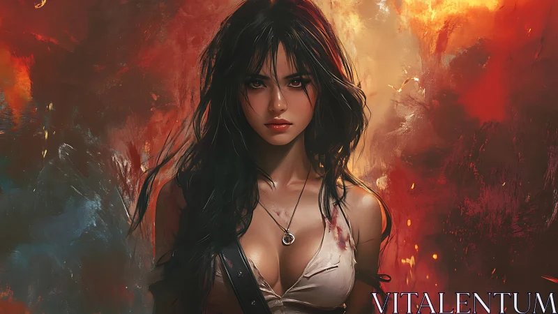 Fierce warrior woman amid blazing abstract inferno portrait.