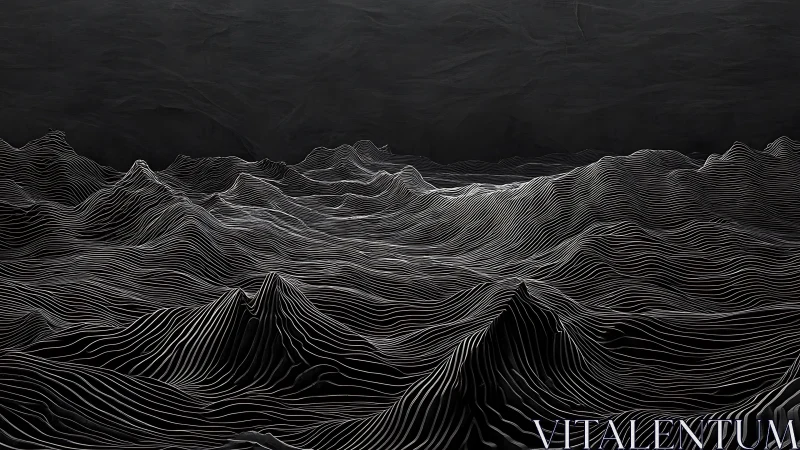 Monochrome topographic waves form abstract digital landscape.