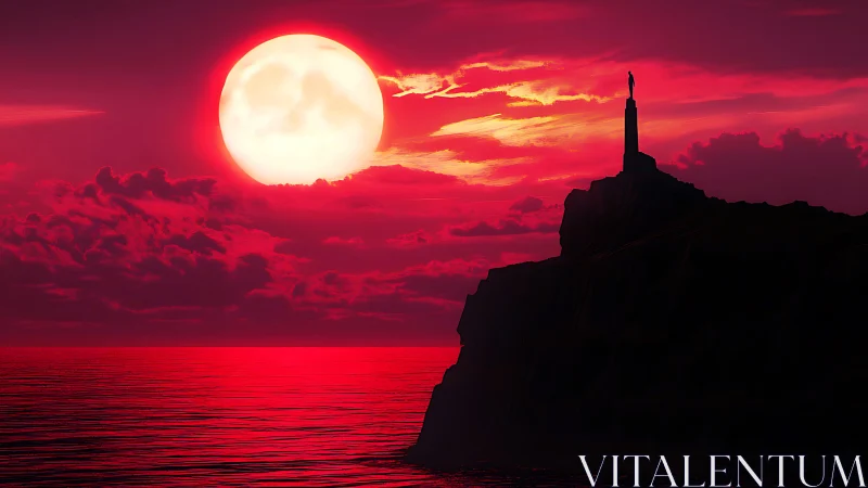 Monument silhouette overlooks crimson ocean under oversized moon