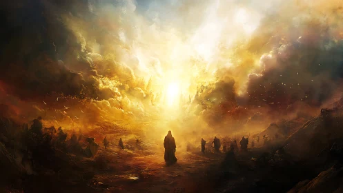 Backlit robed figures advance toward an apocalyptic luminous vortex
