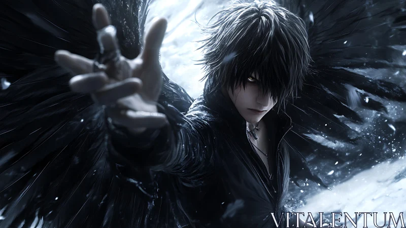 Raven‑winged fallen angel reaches through winter storm void.