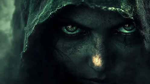 Hooded figure stares forward with illuminated green eyes