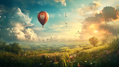 Heart hot air balloon over golden sunset valley landscape.