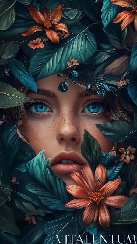 Emerald foliage frames freckled face with electric eyes.